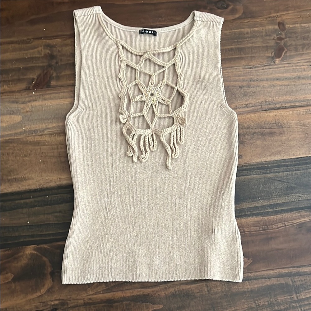 Cream Cropped Macramé Tank Top